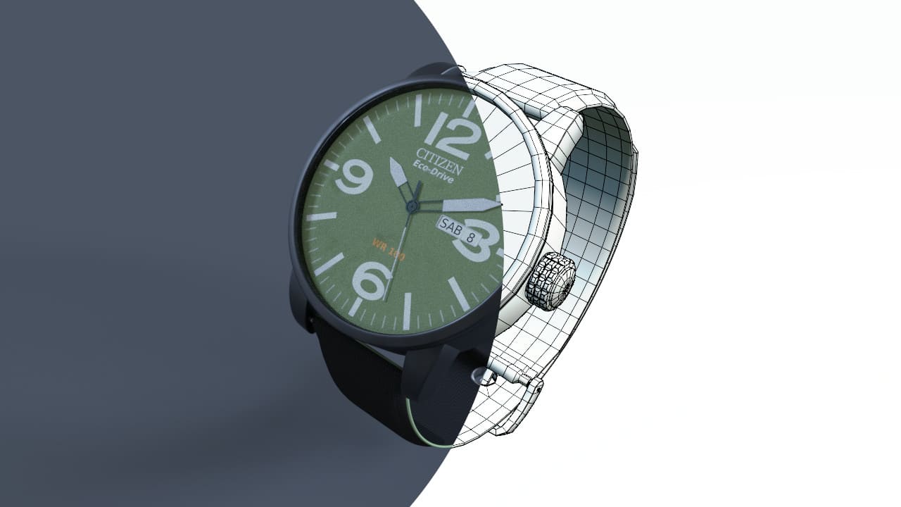 Illustrazione 3D di un orologio nella vista rendering e wireframe