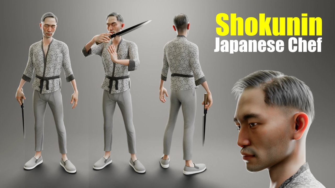 Rendering 3D di un character Chef giapponese Shokunin realistico, creato per un esercizio di stile nel campo del product design e pubblicità.