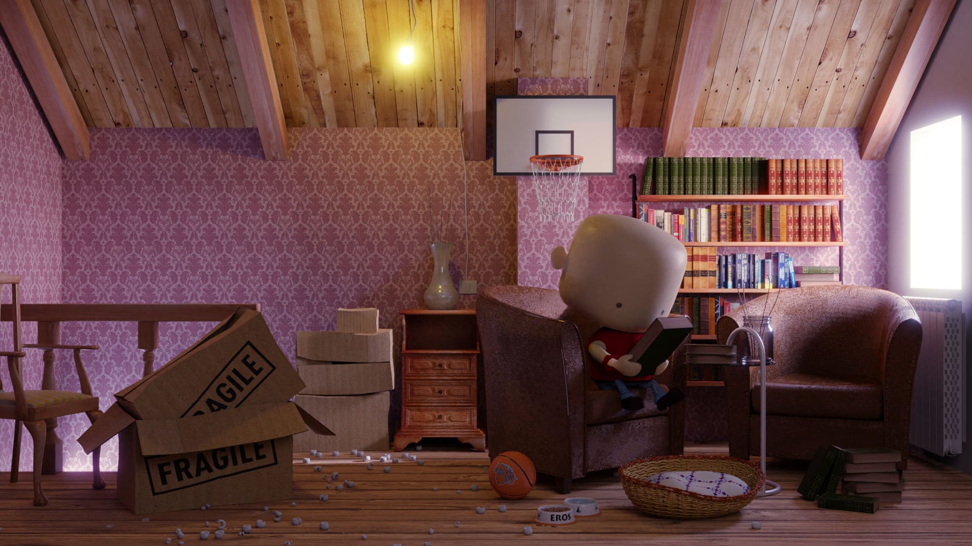Illustrazione 3D di un bambino che legge la copertina di un libro nel suo attico
