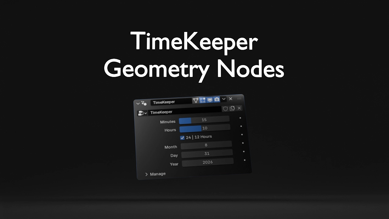 Anteprima video dell'orologio digitale 3D con animazione del tempo scorrevole realizzato con Blender Geometry Nodes.