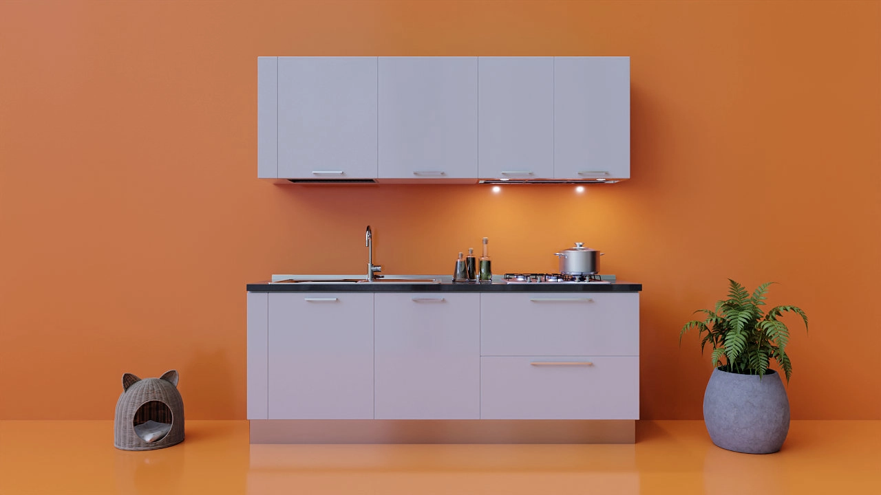 Rendering 3D di una cucina italiana moderna, con dettagli realistici e materiali di alta qualità, progettata come esercizio di stile per il design e la pubblicità.