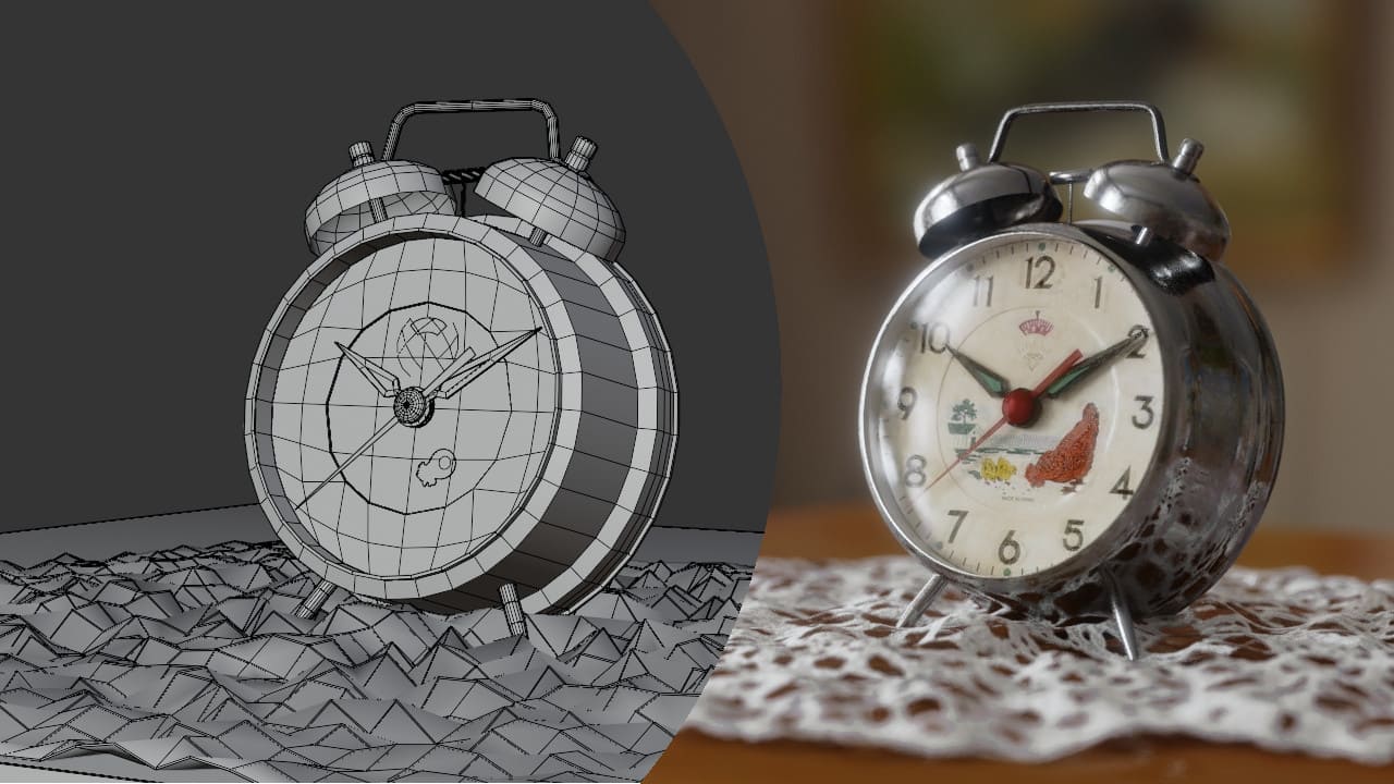 illustrazione 3D di una sveglia vintage nelle versioni wireframe e render