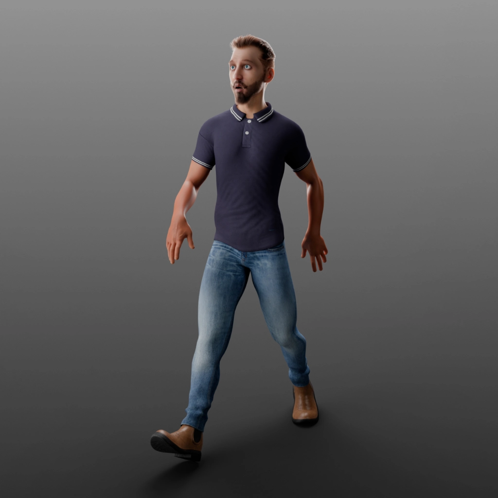 Posa dinamica cartoon del personaggio 3D Carlo - Test di espressione facciale sorpresa e deformazione della mesh in movimento