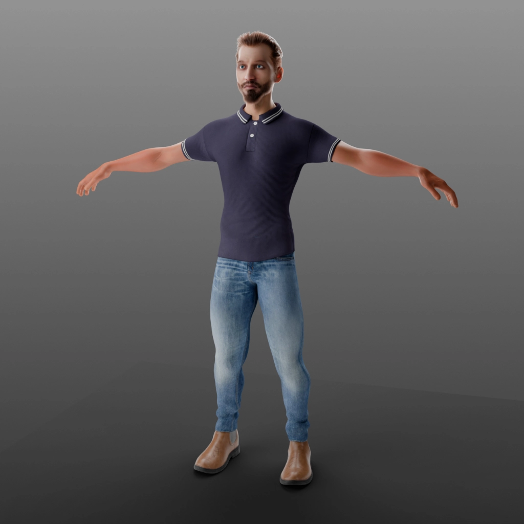 Personaggio 3D Full Body in A-Pose - Outfit casual con polo, jeans e scarpe in pelle