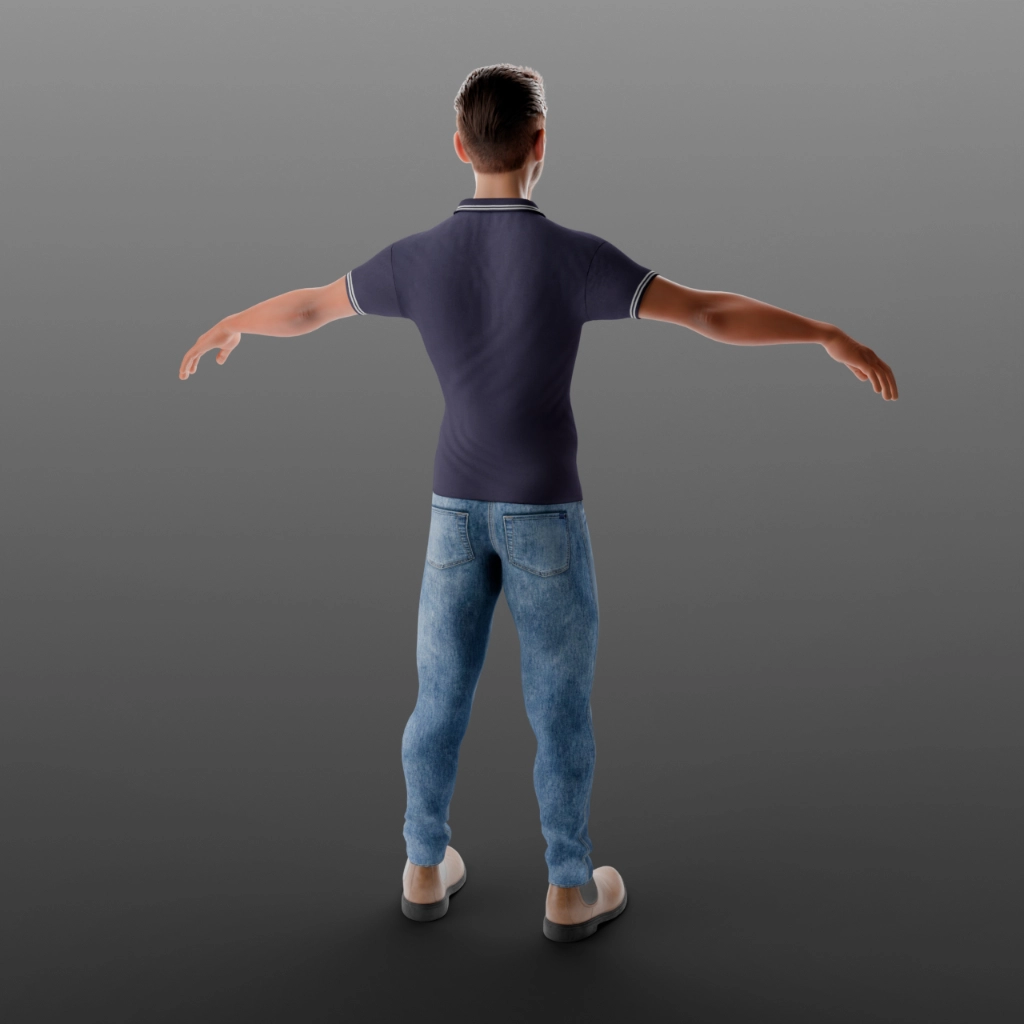 Vista posteriore modello 3D Carlo - Dettaglio modellazione vestiti e proporzioni anatomiche
