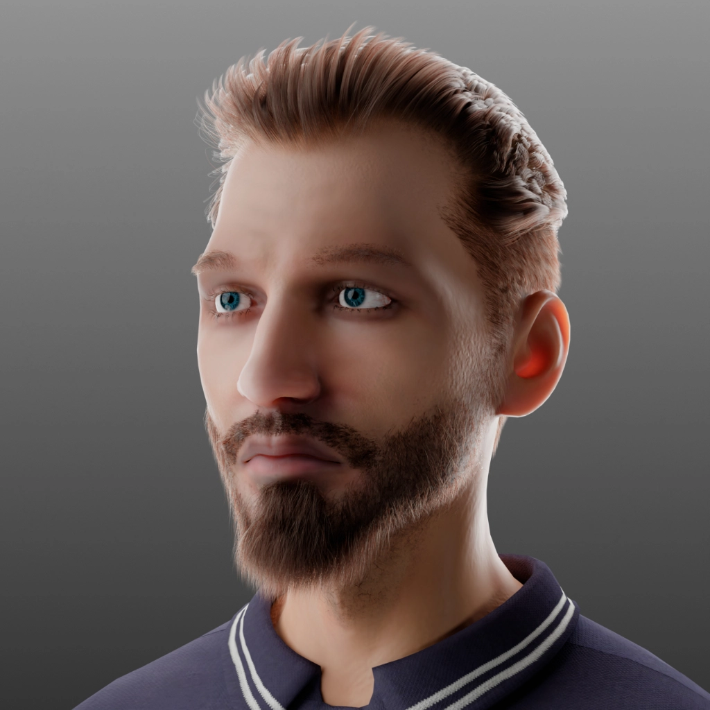 Rendering 3D Carlo - Primo piano fotorealistico con barba e capelli castani