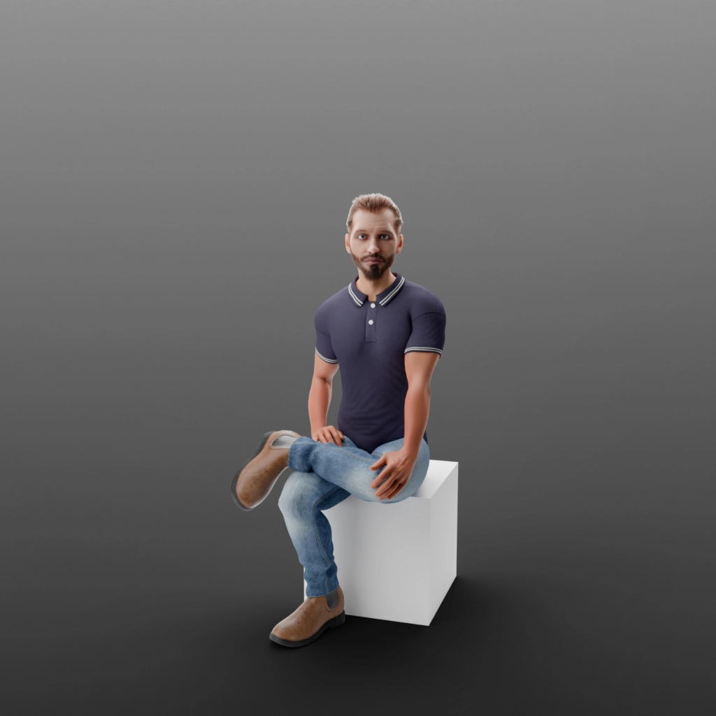 Posa seduta del personaggio 3D Carlo - Test di deformazione della mesh su ginocchia e bacino per modellazione fotorealistica