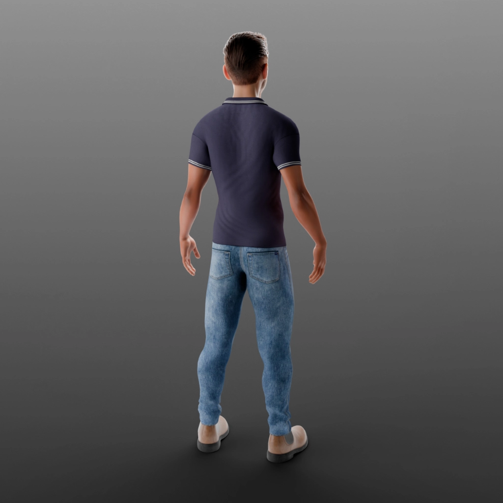 Vista posteriore del modello 3D Carlo in posa rilassata - Analisi dello skinning sulla schiena e sulle scapole