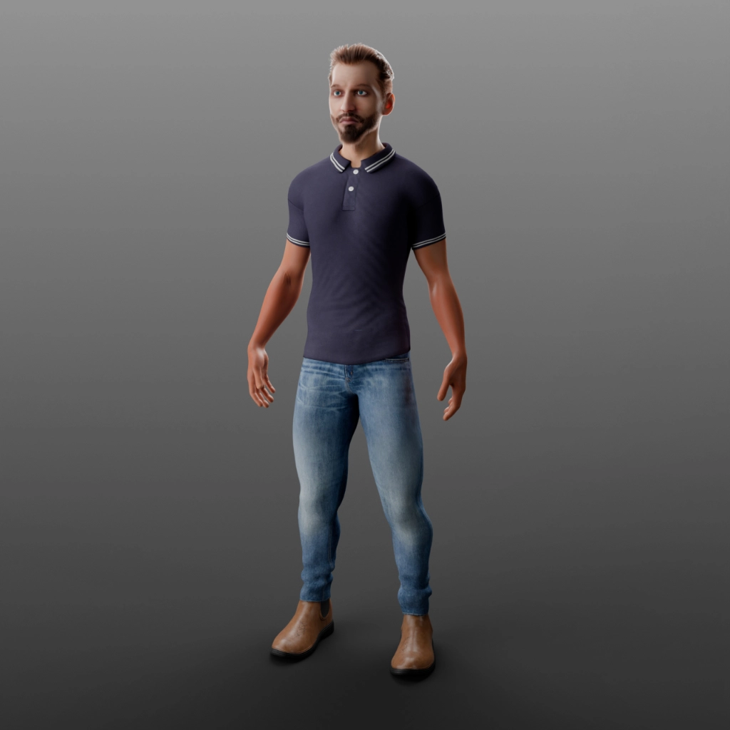 Posa rilassata del personaggio 3D Carlo - Test di skinning e weight painting sulle spalle e braccia