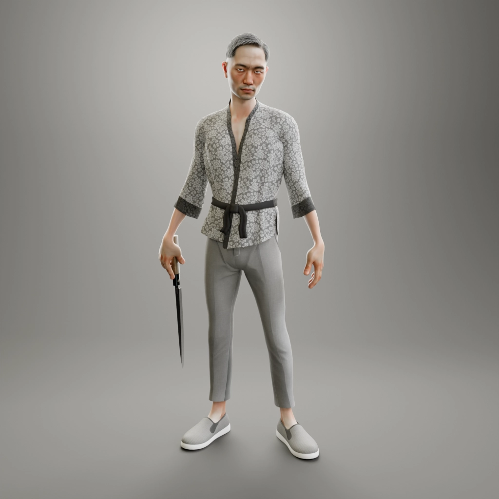 Rendering 3D Shokunin - Test posa rilassata con coltello