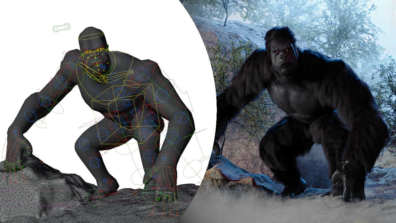 Animazione e rendering dell'illustrazione 3D del personaggio King Kong