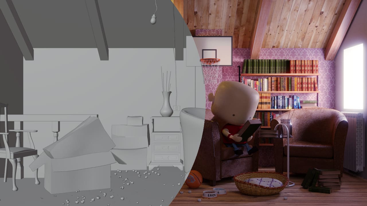 Illustrazione 3D di un bambino che legge un libro nel suo attico